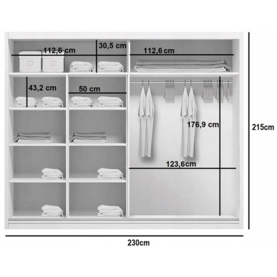 Priestranná šatníková skriňa AMADEO, šírka 230 cm, výška 215 cm