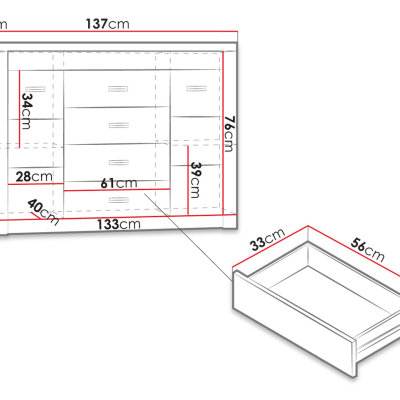 Komoda s LED osvetlením CHALAPATA - šírka 137 cm, jaseň tmavý