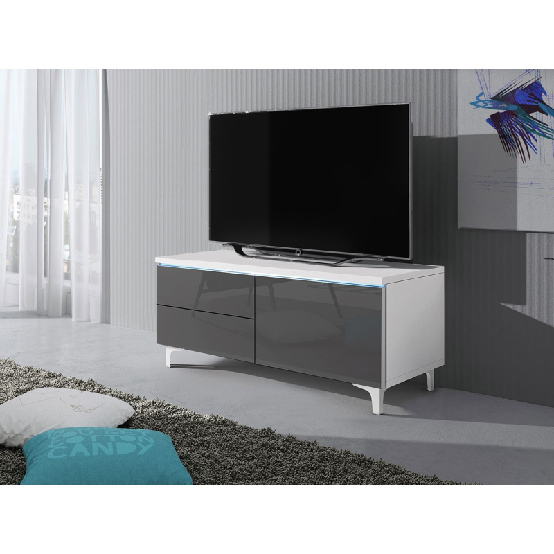 Televízny stolík na nožičkách s LED osvetlením FERNS 11 - biely / lesklý šedý, pravý