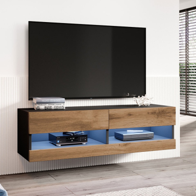 TV stolík s LED bielym osvetlením 140 cm ASHTON 1 - čierny / dub wotan