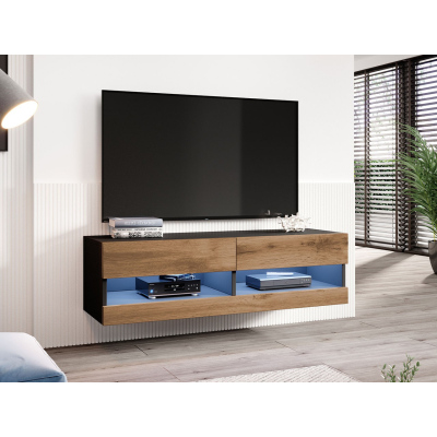 TV stolík s LED bielym osvetlením 140 cm ASHTON 1 - čierny / dub wotan