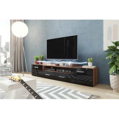 TV stolík s LED bielym osvetlením SOBRAL - slivka / lesklý čierny