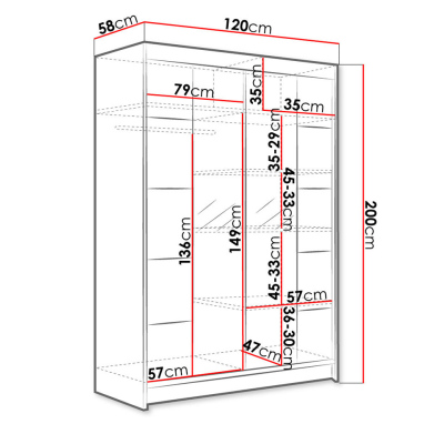 Posuvná šatníková skriňa 120 cm so zrkadlom a LED RGB osvetlením SAMANRE 5 - biela / čierna