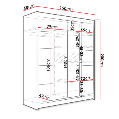 Zrkadlová šatníková skriňa 150 cm s posuvnými dverami a LED osvetlením PIRITU 5 - biela / čierna