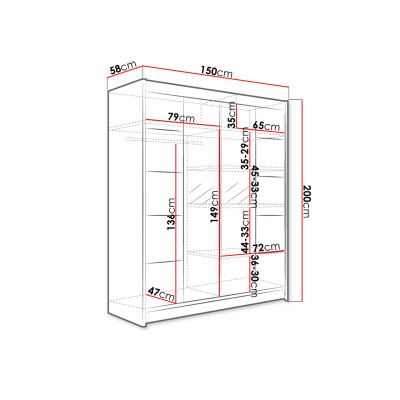 Zrkadlová šatníková skriňa 150 cm s posuvnými dverami a LED osvetlením PIRITU 5 - hnedá