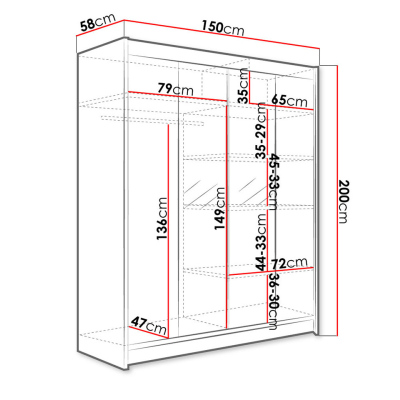 Šatníková skriňa 150 cm so zrkadlom a LED osvetlením PIRITU 2 - hnedá