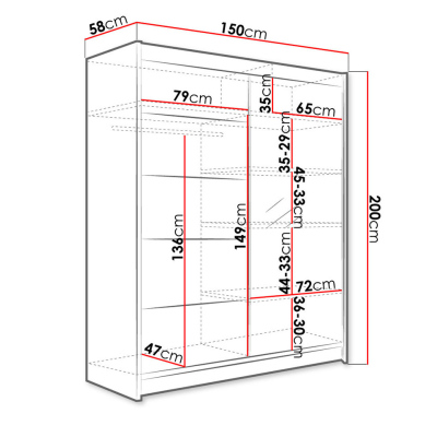 Šatníková skriňa 150 cm so zrkadlom a LED osvetlením PIRITU 3 - čierna