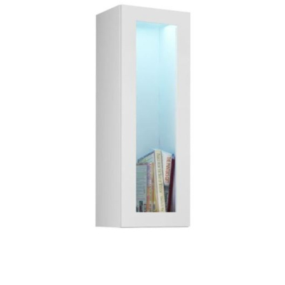 Závesná vitrína s LED modrým osvetlením ASHTON - biela / lesklá biela