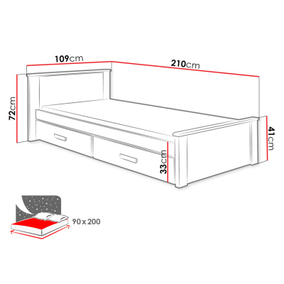 Detská posteľ s úložným priestorom 90x200 POLCH - biela / dub hľuzovka
