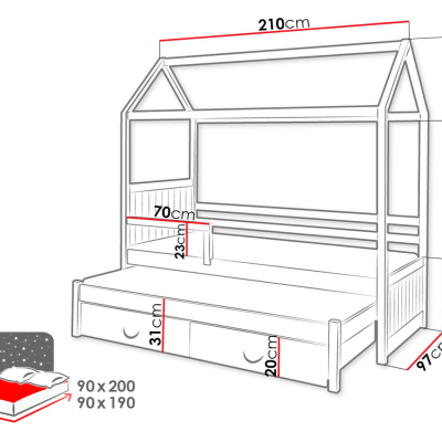 Detská posteľ domček so zábranou 90x200 KARBEN 2 - biela / šedá