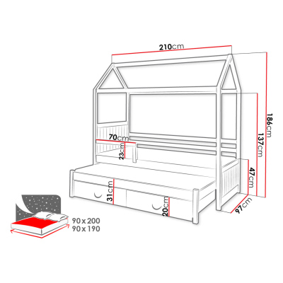 Detská posteľ domček so zábranou 90x200 KARBEN 2 - biela / šedá