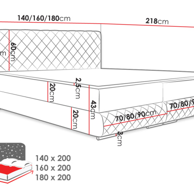 Manželská kontinentálna posteľ 140x200 VELEN - šedá + topper ZDARMA