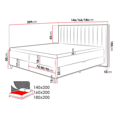 Kontinentálna manželská posteľ 180x200 AMADORA - šedá + topper ZDARMA