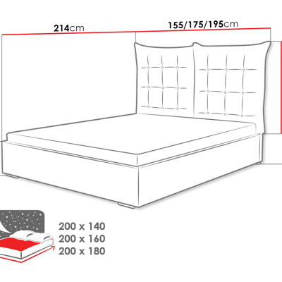 Čalúnená posteľ s vysokým čelom a úložným priestorom 180x200 DASSOW - šedá