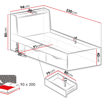 Jednolôžková posteľ so šuplíkmi 90x200 SAUTA - dub / antracitová