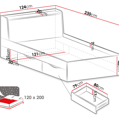 Jednolôžková posteľ so šuplíkmi 120x200 SAUTA - dub / antracitová