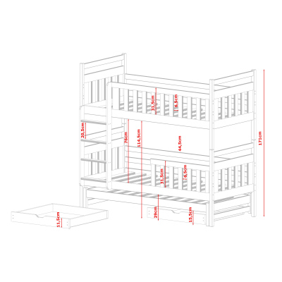 Poschodová posteľ so šuplíkmi a prístelkou MICHAELA - 80x180, borovica