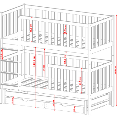 Poschodová posteľ so šuplíkmi a prístelkou LORI - 80x180, borovica