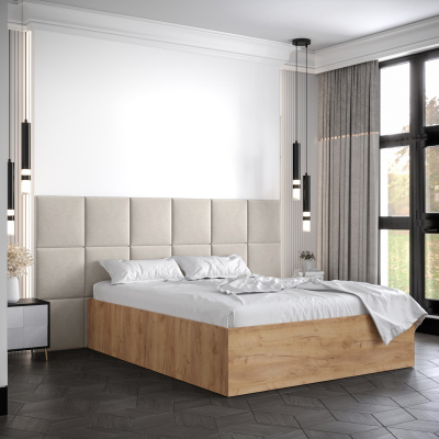 Manželská posteľ s čalúnenými panelmi MIA 4 - 160x200, dub zlatý, béžové panely