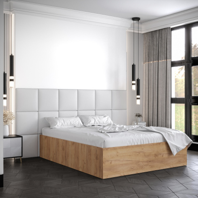 Manželská posteľ s čalúnenými panelmi MIA 4 - 160x200, dub zlatý, biele panely z ekokože