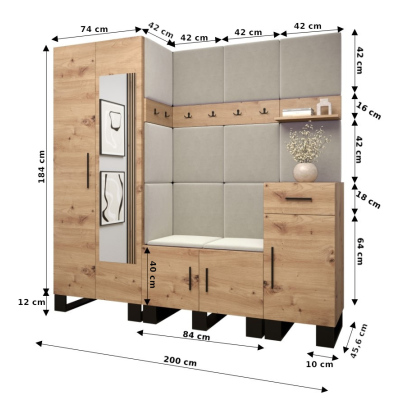 Predsieňová zostava RUMIE 13 - dub artisan, šedé panely