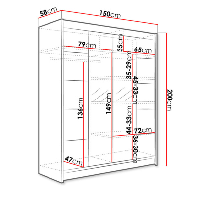 Zrkadlová šatníková skriňa 150 cm s LED osvetlením PIRITU 5 - biela / dub artisan