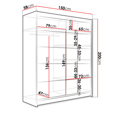 Šatníková skriňa 150 cm s posuvnými dverami a LED osvetlením PIRITU 4 - čierna / dub artisan