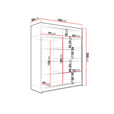 Šatníková skriňa 150 cm s posuvnými dverami a LED osvetlením PIRITU 4 - čierna / dub artisan