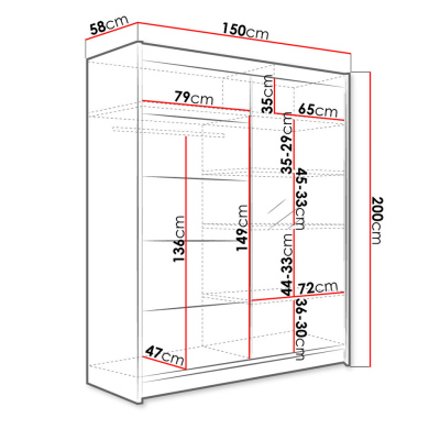 Šatníková skriňa 150 cm so zrkadlom a LED osvetlením PIRITU 3 - čierna / dub artisan