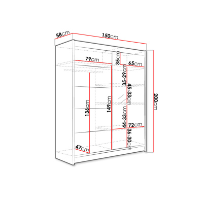 Šatníková skriňa 150 cm so zrkadlom a LED osvetlením PIRITU 3 - čierna / dub artisan