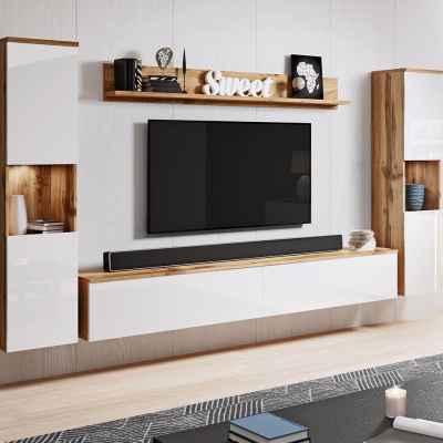 Moderná obývacia stena s LED osvetlením ROSALIO XL - dub wotan / lesklá biela