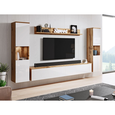 Moderná obývacia stena s LED osvetlením ROSALIO XL - dub wotan / lesklá biela