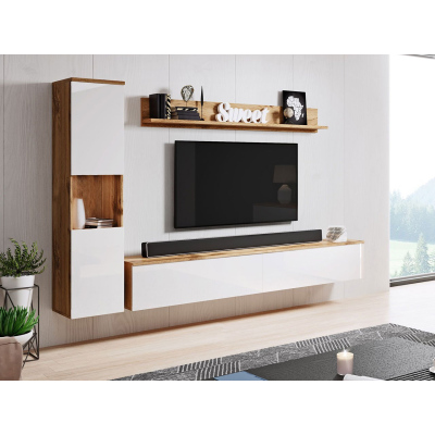 Moderná obývacia stena ROSALIO - dub wotan / lesklá biela