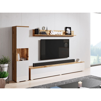 Moderná obývacia stena ROSALIO - dub wotan / lesklá biela