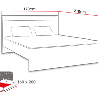 Manželská posteľ s roštom a LED osvetlením 160x200 CHALAPATA - jaseň svetlý