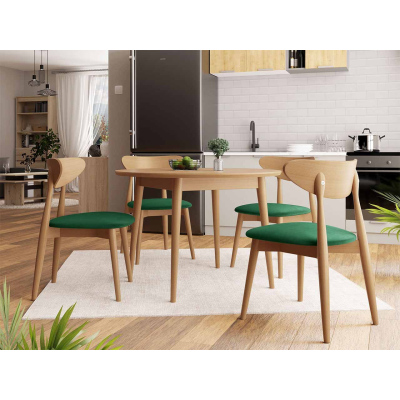 Okrúhly jedálenský stôl 120 cm so 4 stoličkami OLMIO 1 - prírodné drevo / zelený