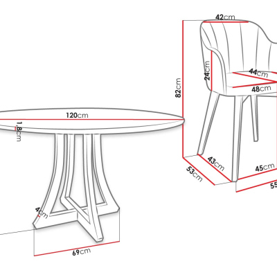 Okrúhly jedálenský stôl 120 cm so 4 stoličkami TULZA 2 - lesklý čiernobiely / šedý