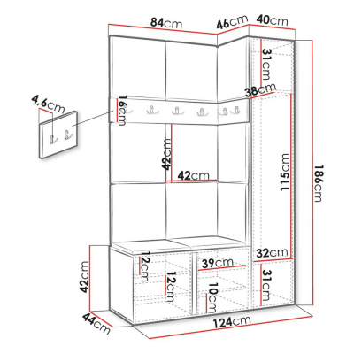 Predsieňová stena s botníkom a panelmi 42x42 SELAND 5 - dub artisan / čierna ekokoža