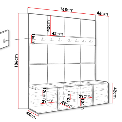 Stena do predsiene s botníkom a panelmi 42x42 SELAND 6 - dub artisan / čierna