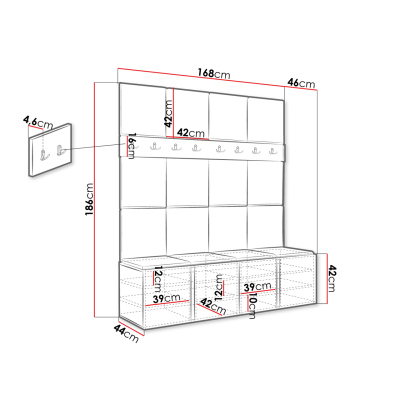 Stena do predsiene s botníkom a panelmi 42x42 SELAND 6 - biela / šedá