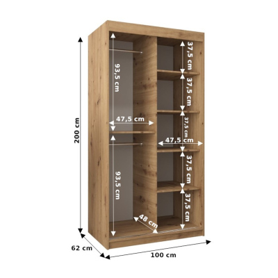 Šatníková zrkadlová skriňa ADELA - 100 cm, čierna / dub sonoma