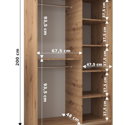 Šatníková zrkadlová skriňa ADELA - 120 cm, dub artisan