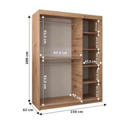 Šatníková zrkadlová skriňa ADELA - 150 cm, dub artisan / čierna