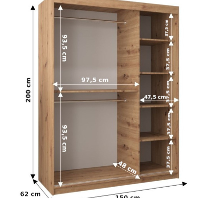 Šatníková zrkadlová skriňa ADELA - 150 cm, dub sonoma