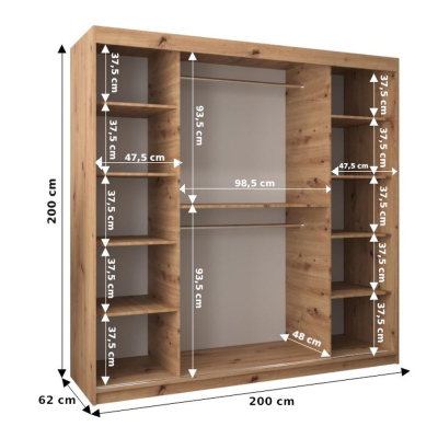 Šatníková zrkadlová skriňa ADELA - 200 cm, dub sonoma / čierna