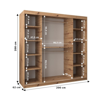 Šatníková zrkadlová skriňa ADELA - 200 cm, dub sonoma / čierna