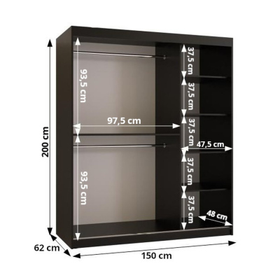 Priestranná šatníková skriňa MAIA 1 - šírka 150 cm, čierna / jaseň