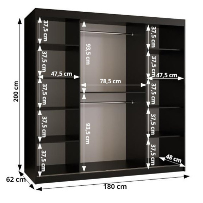 Priestranná šatníková skriňa MAIA 1 - šírka 180 cm, čierna / jaseň