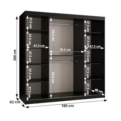 Priestranná šatníková skriňa MAIA 1 - šírka 180 cm, čierna / jaseň