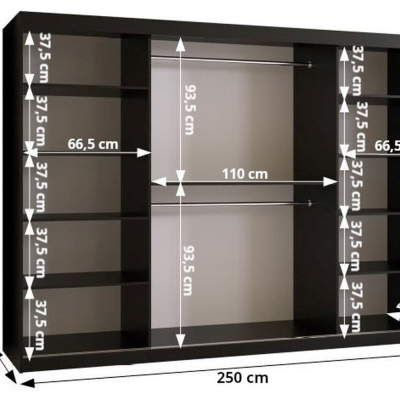 Priestranná šatníková skriňa MAIA 1 - šírka 250 cm, čierna / jaseň